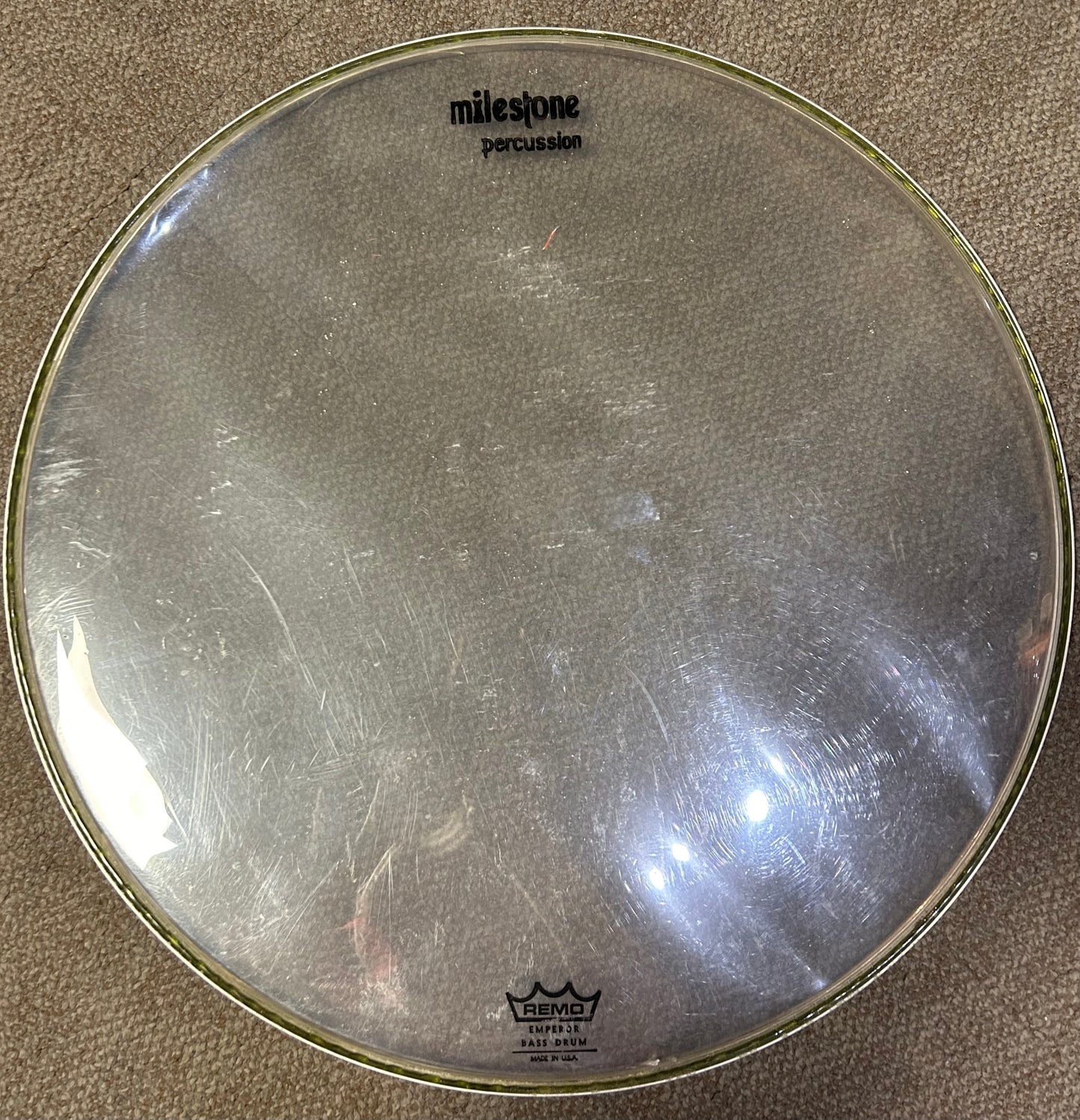 Remo 22" Emperor Clear "Milestone Percussion" Logo Bass Drum Heads (Used)