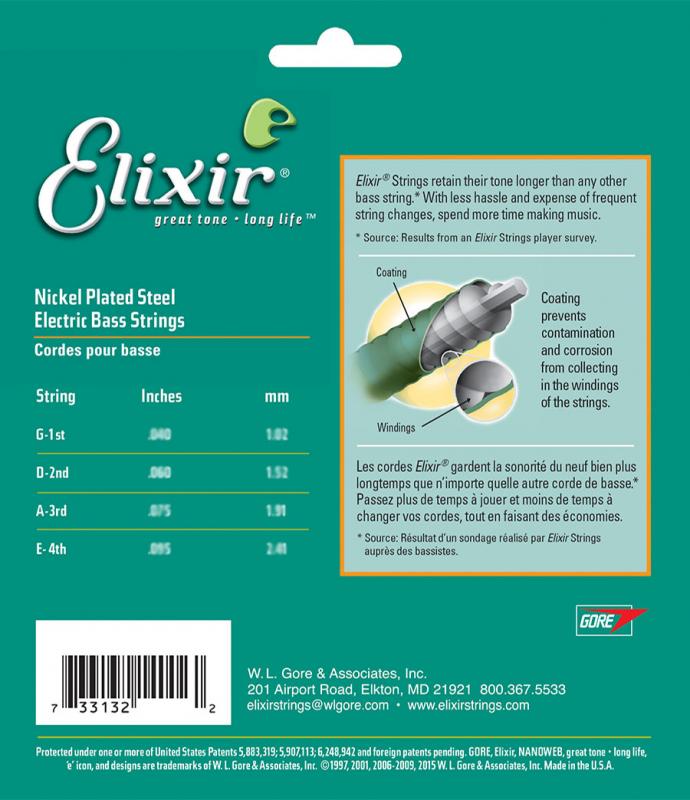 Elxir Long Scale Nickel Plated Electric Bass Strings w/ Nanoweb Coating (45-100)