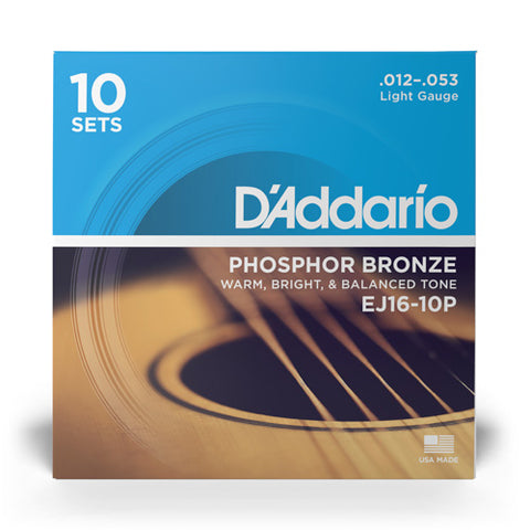 D'Addario EJ16 Light Gauge Phosphor Bronze Acoustic Guitar Strings - 10 Pack