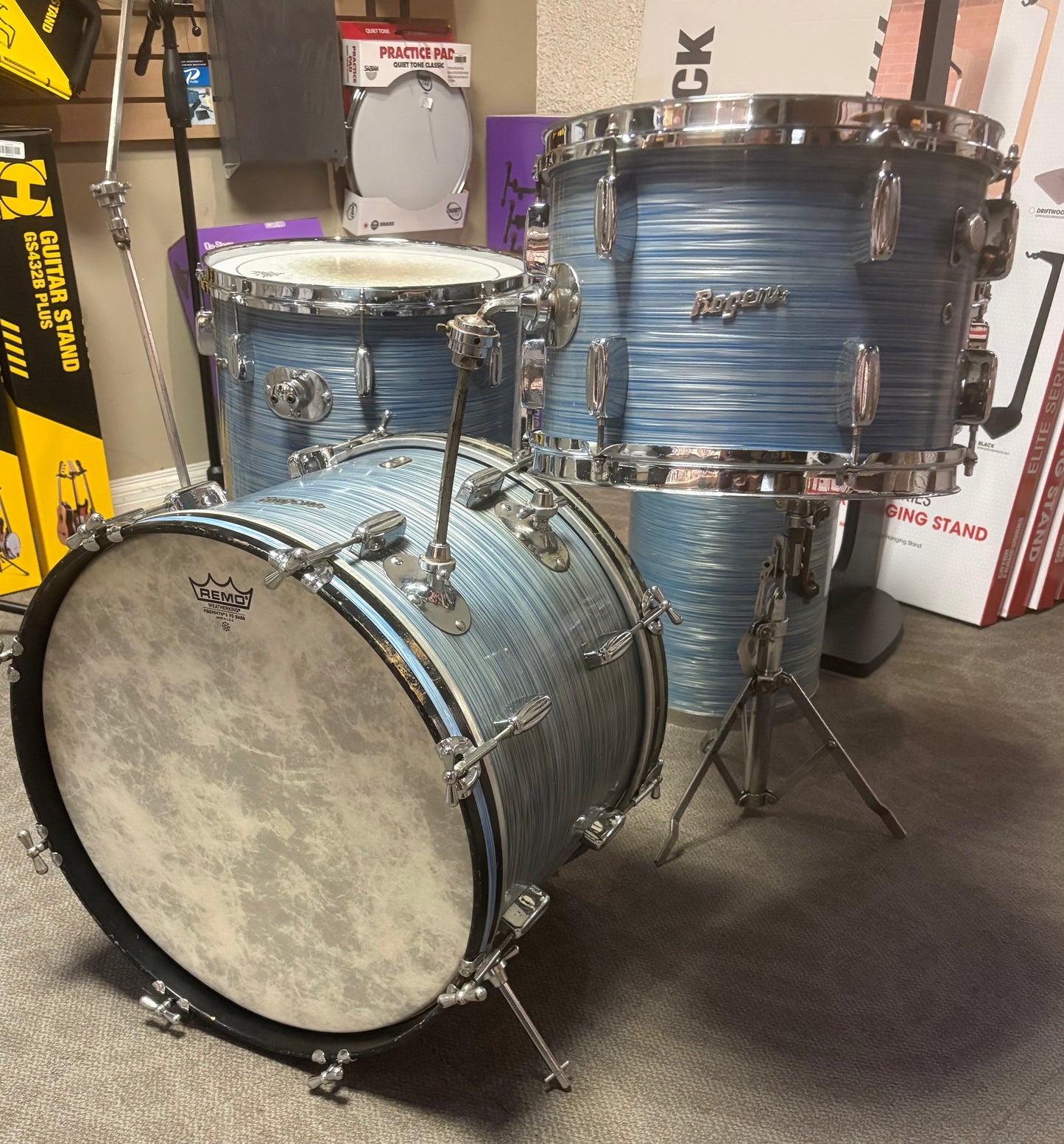 Rogers Cleveland Era Holiday 4-Piece Drum Set w/Matching Canister Throne -  Sky Blue Ripple Pearl (Early 1960's)