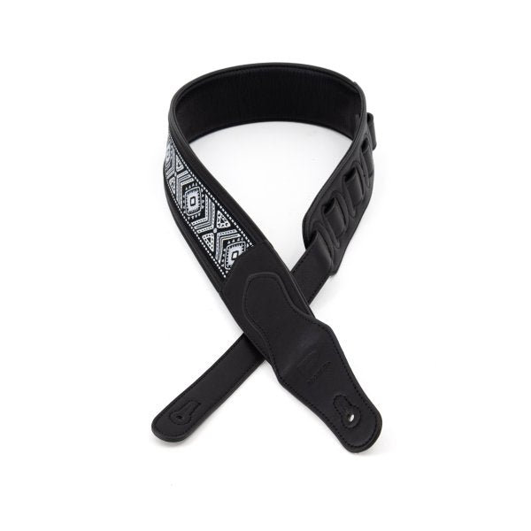 Profile 2.5" Black Leather Strap - White Jaquard Weave Pattern