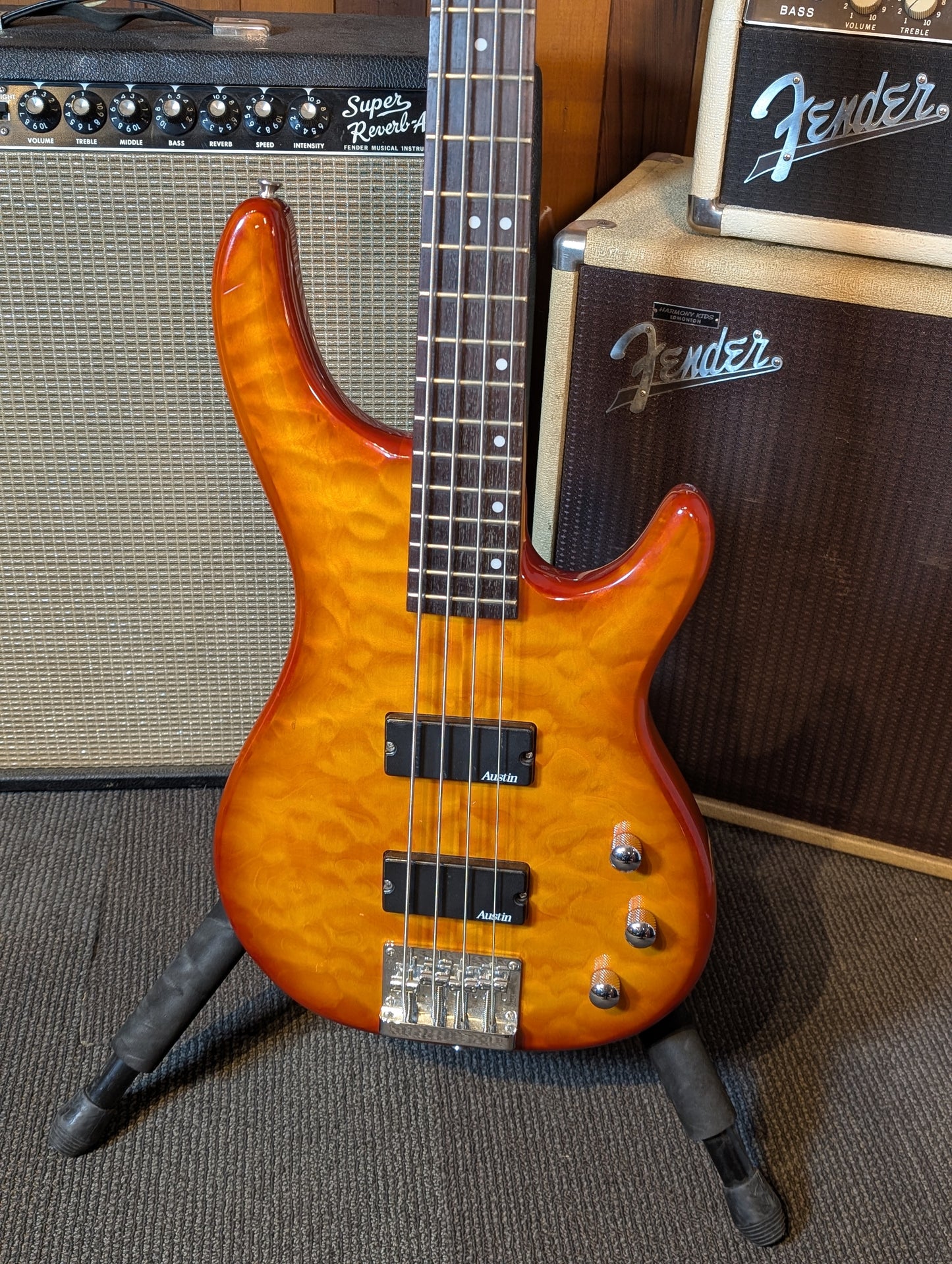 Austin Custom Eclipse 4-String Passive Electric Bass Guitar w/Case - Amber Burst (Early 2000's)