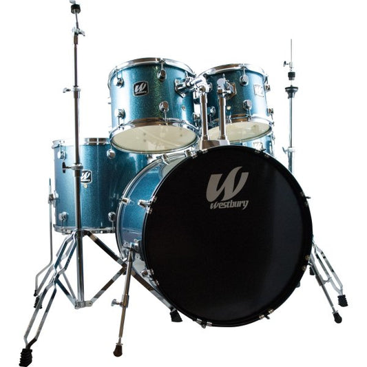 Westbury 5-Piece Studio Drum Kit Bundle w/Hardware & Cymbals - Aqua Sparkle