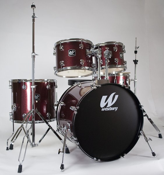 Westbury 5-Piece Stage Drum Kit Bundle w/Hardware & Cymbals - Ruby Sparkle