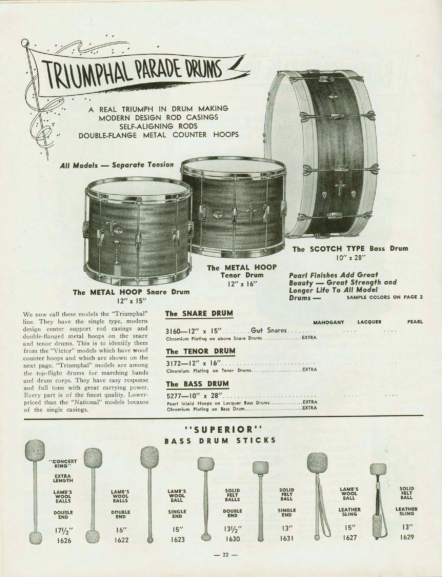 Leedy & Ludwig 3160 "Triumphlal" 15"x12" Parade Snare Drum - Marine Pearl (1952)