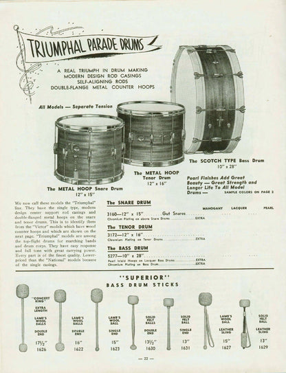 Leedy & Ludwig 3160 "Triumphlal" 15"x12" Parade Snare Drum - Marine Pearl (1952)