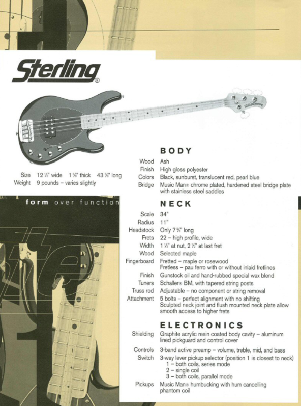 Ernie Ball Music Man Sterling 4-String Fretless Electric Bass Guitar w/Case - Translucent Red (1998)