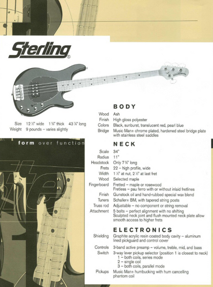 Ernie Ball Music Man Sterling 4-String Fretless Electric Bass Guitar w/Case - Translucent Red (1998)